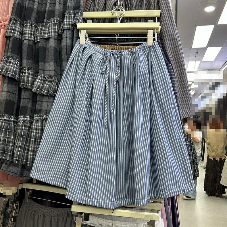 New Arrival Winter Striped Pleated Midi Skirt - Velvet, Slimming, Drawstring Design One Size синий
