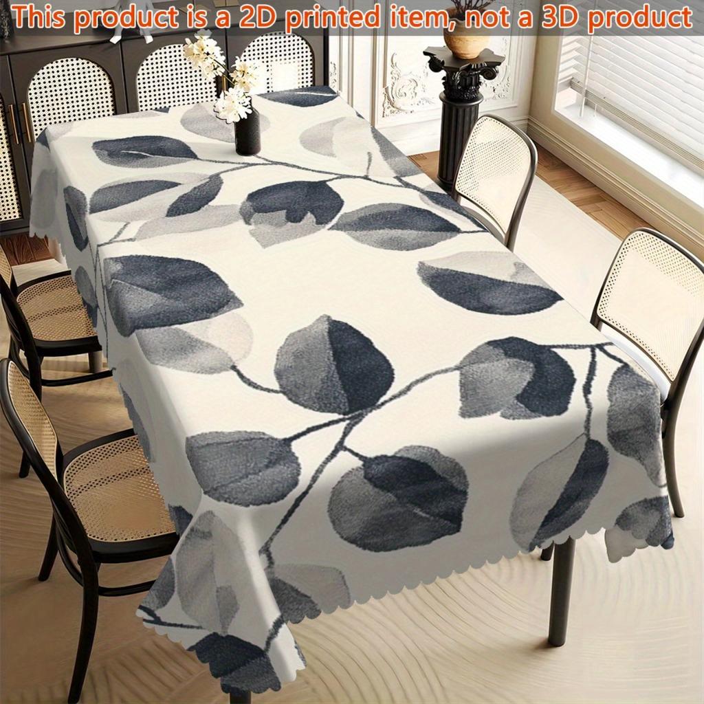 Soft Botanical Leaf Tablecloth, Watercolor Grey Leaf Print,Clean Scalloped Trim, Dirt Resistant for Home Decor Casual Gatherings