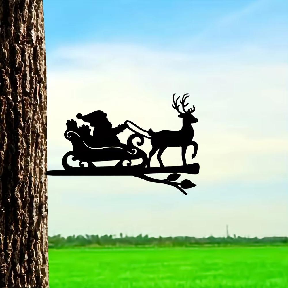 1 szt. Metalowa sztuka ścienna Renifer i Święty Mikołaj - Stalowa sylwetka na gałęzi, Idealna do dekoracji domu, ogrodu i na zewnątrz