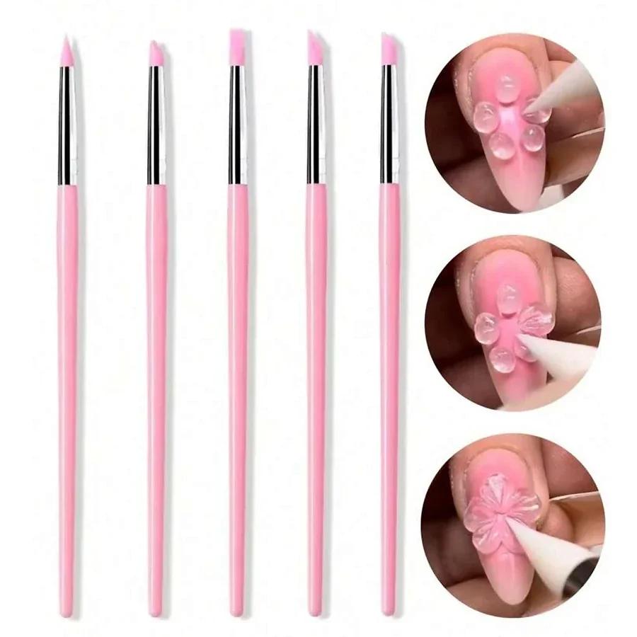 5Pcs/Set Silicone Nail Brush Carving Emboss Hollow Gel Shaping Pink Nail Art Pen DIY Dotting Manicure Tools Accessories