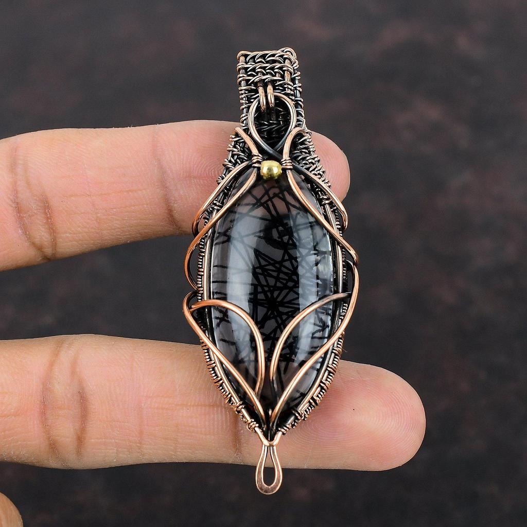 Black Rutile Pendant Copper Wire Wrapped Pendant Dainty Gemstone Pendant Designer Copper Jewelry Handmade Pendant Wire Wrap Jewelry For Gift