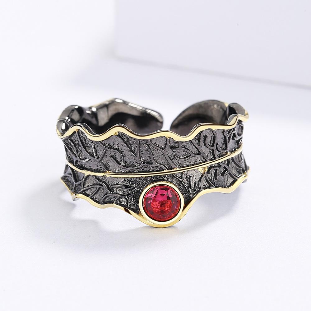 Natural Zircon Boutique Retro Style Open Ring Handmade Womens Black Gold Two Color Jewelry