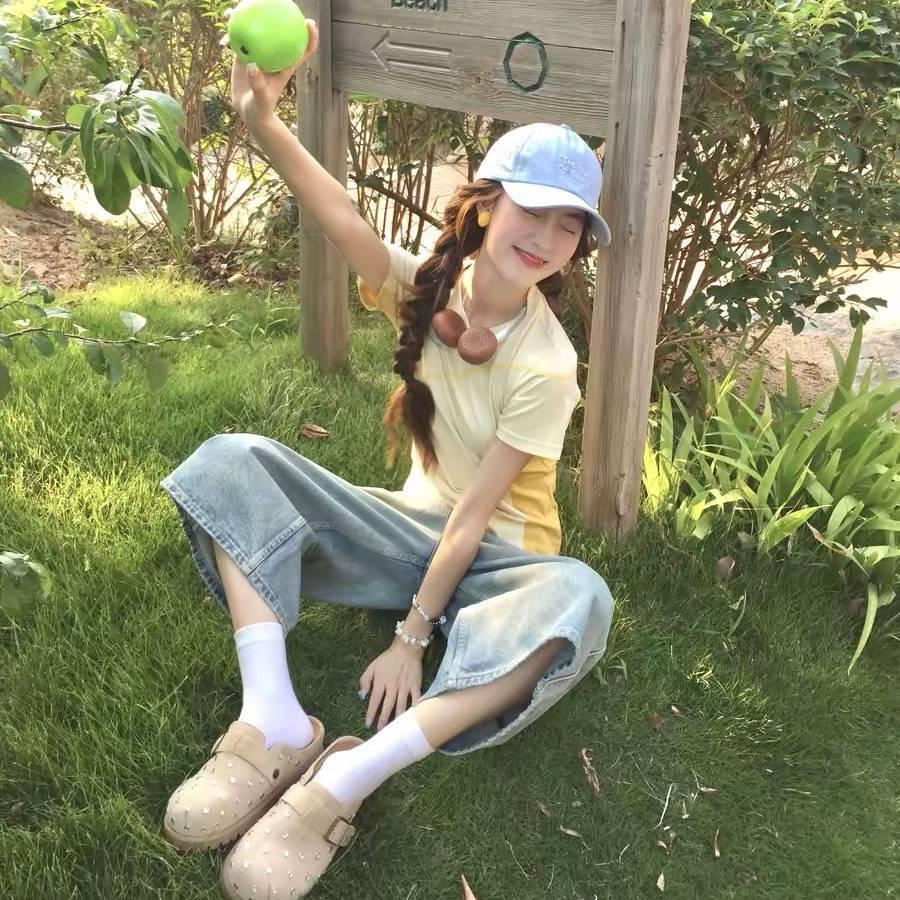 Contrast Double Line Summer Girls Short Sleeve Outdoor Sports T-Shirt - Yellow Goose