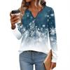 Women's Fashionable Casual V-neck Blouse Button Christmas Printed Long-sleeved Pullover T-shirt Top