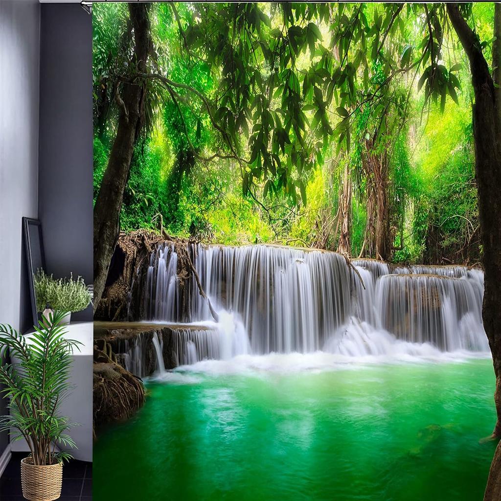 Cute Jungle Waterfall Shower Curtain Nature Scene Design Bathroom Decor Tropical Theme Waterproof Bath Curtain