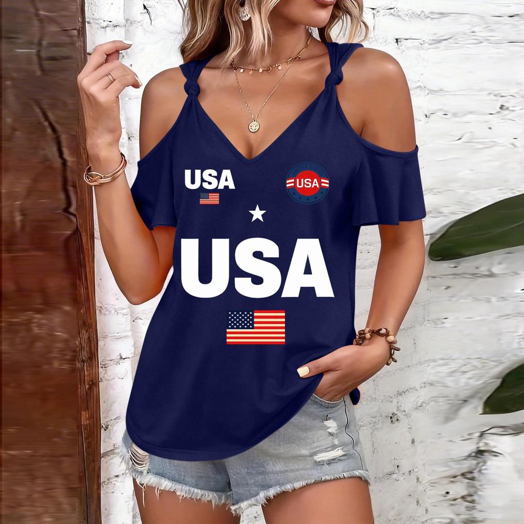 T-shirt Femme Épaules Dégagées Imprimé USA Bretelles à Nouer Manches Courtes Décontracté Haut d'Été Coupe Ample Chemisier Léger pour un Usage Quotidien