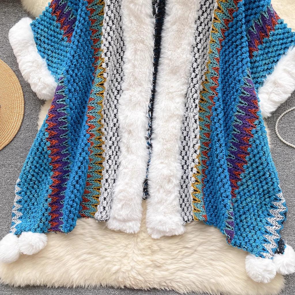 Chic Ethnic Style Color Collision Shawl Sweater Jacket Women Patchwork Soft Warm Hairball Cape Cloak  Knitted Cardigan