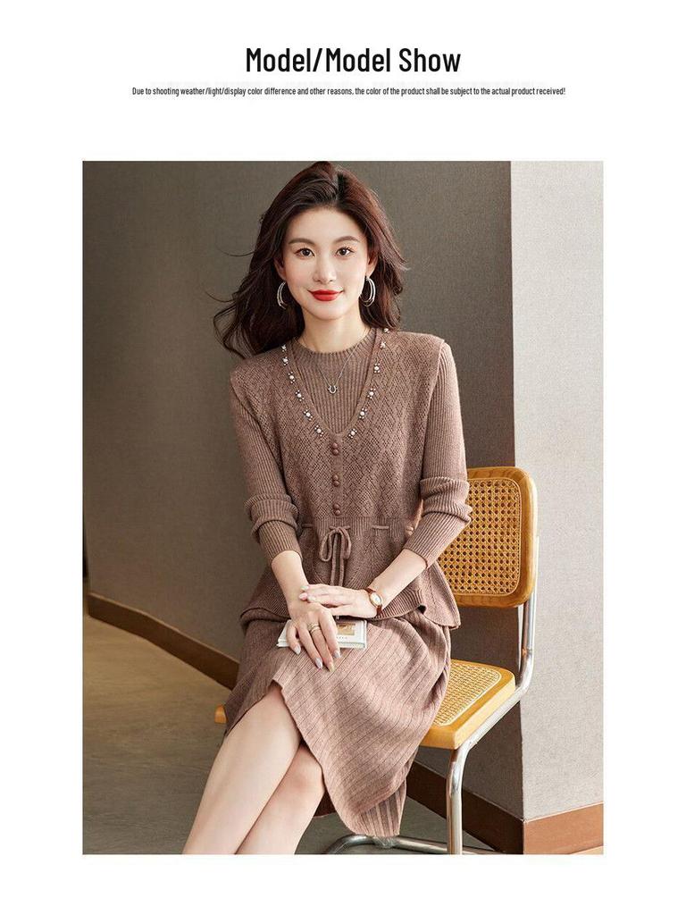 Two-Piece Knit Vest & Dress Set: Mid-Length, Slim-Fit, Autumn/Winter Fashion