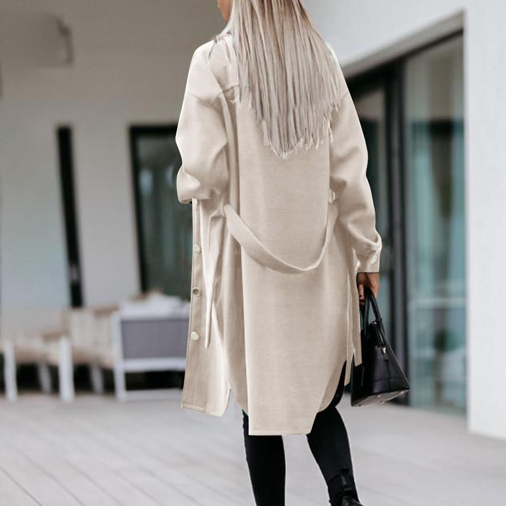 Einreihige, langärmlige Wolljacke für Damen mit einfarbigem Gürtel und Taschen