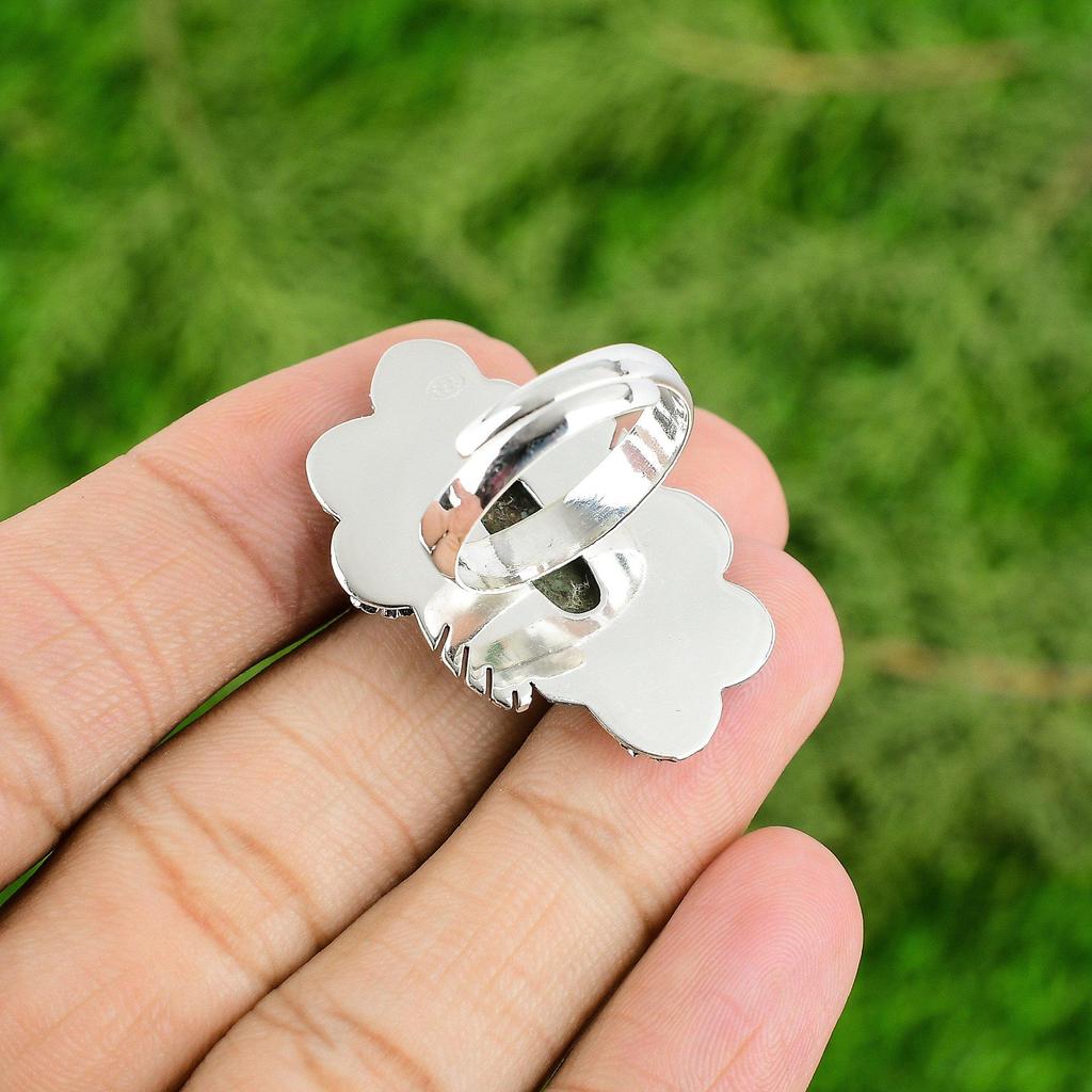 Natural Tibetan Turquoise Stackable Flower Blue Adjustable Ring 925 Silver