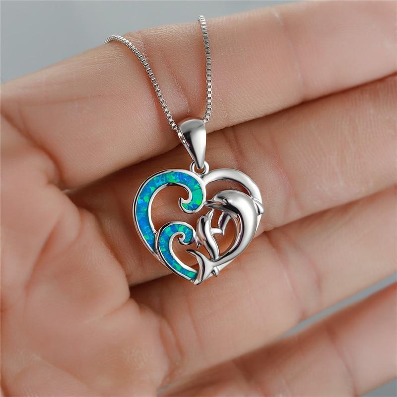 

Cute Dolphin Pendant White Blue Fire Opal Heart Wave Necklaces For Women 925 Sterling Silver Animal Jewelry Wedding Necklaces белый