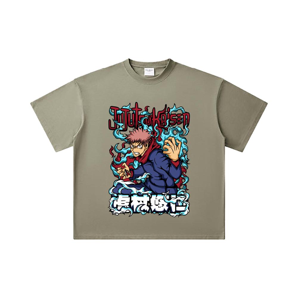 260 GSM Double Yarn 32 Count 100% Cotton Jujutsu Kaisen V50 Yuji Print Unisex Heavy Cotton T Shirt