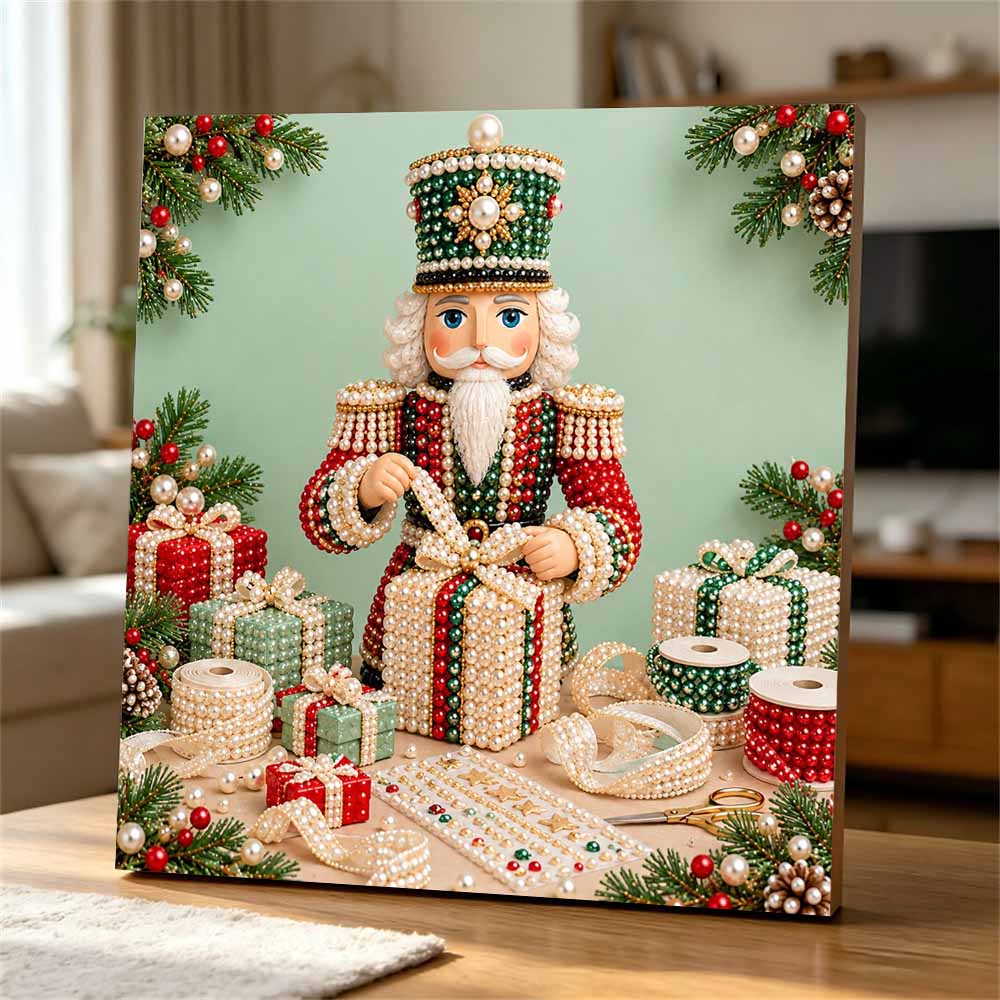 Framed Pearl Art DIY Kit with Christmas Nutcracker Pattern 3D Sparkling Bead Canvas Painting Handmade Holiday Gift for Home Decoration