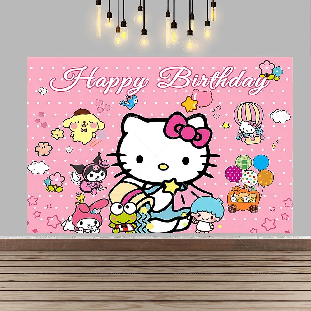Cartoon Hello Kitty Pink Backdrop Happy Birthday Sweet Theme Kids Girls Baby Shower Party Photo Background Banner Decor Props