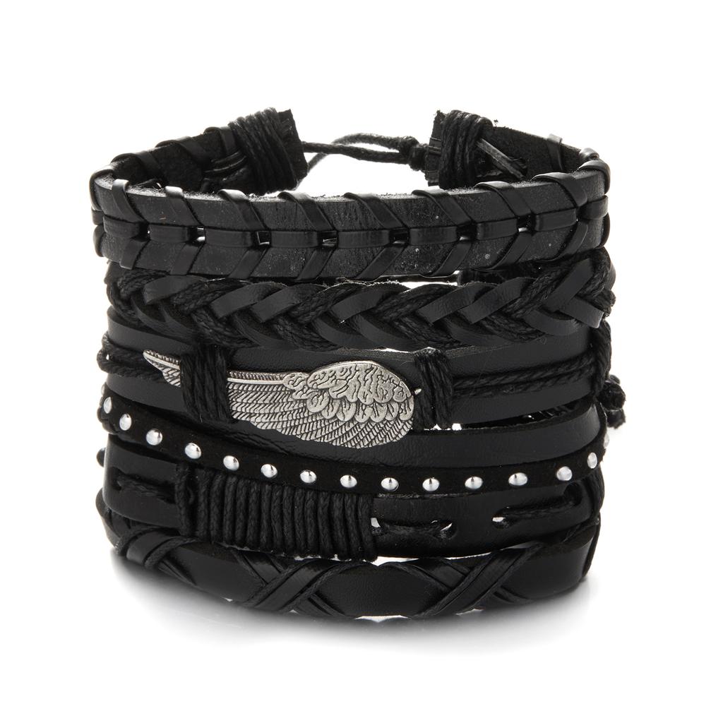 Trendy Braided Wrap Leather Bracelets Men Vintage Cross Dumbbell Guitar Charm Wood Beads Male Wristbands Jewelry Pulsera Hombre