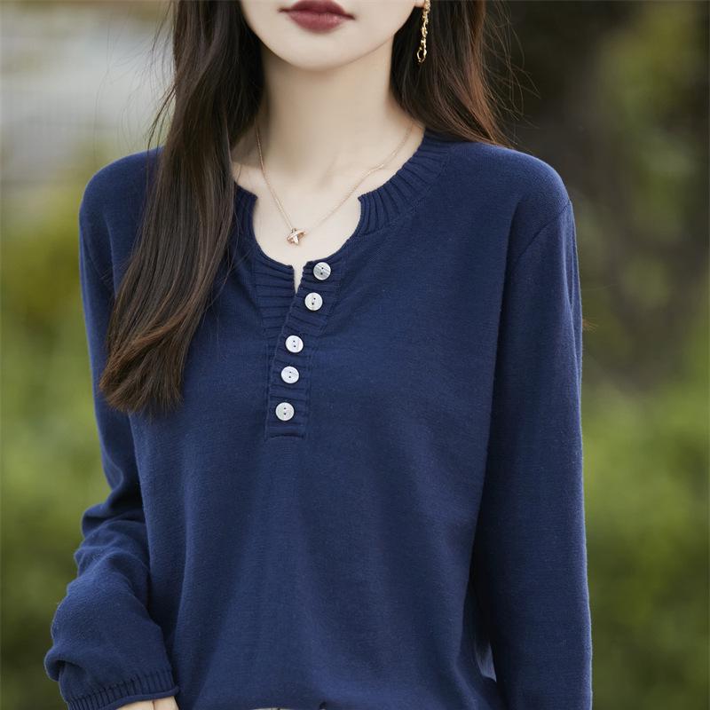Women's Pure Cotton V-Neck Knitwear: Autumn/Winter Loose Casual Base Layer Sweater