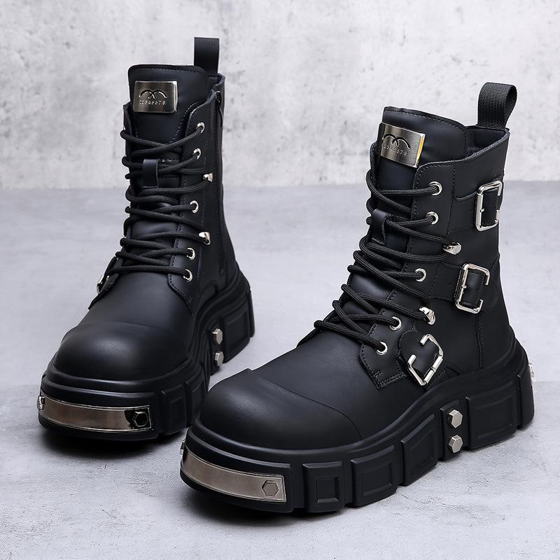 Fashion 2025 Retro Lace-up Men's Platform Boots Fashion Casual New Designer Motorcycle Boots Male Solid Color Cow Leather Punk Shoes Man