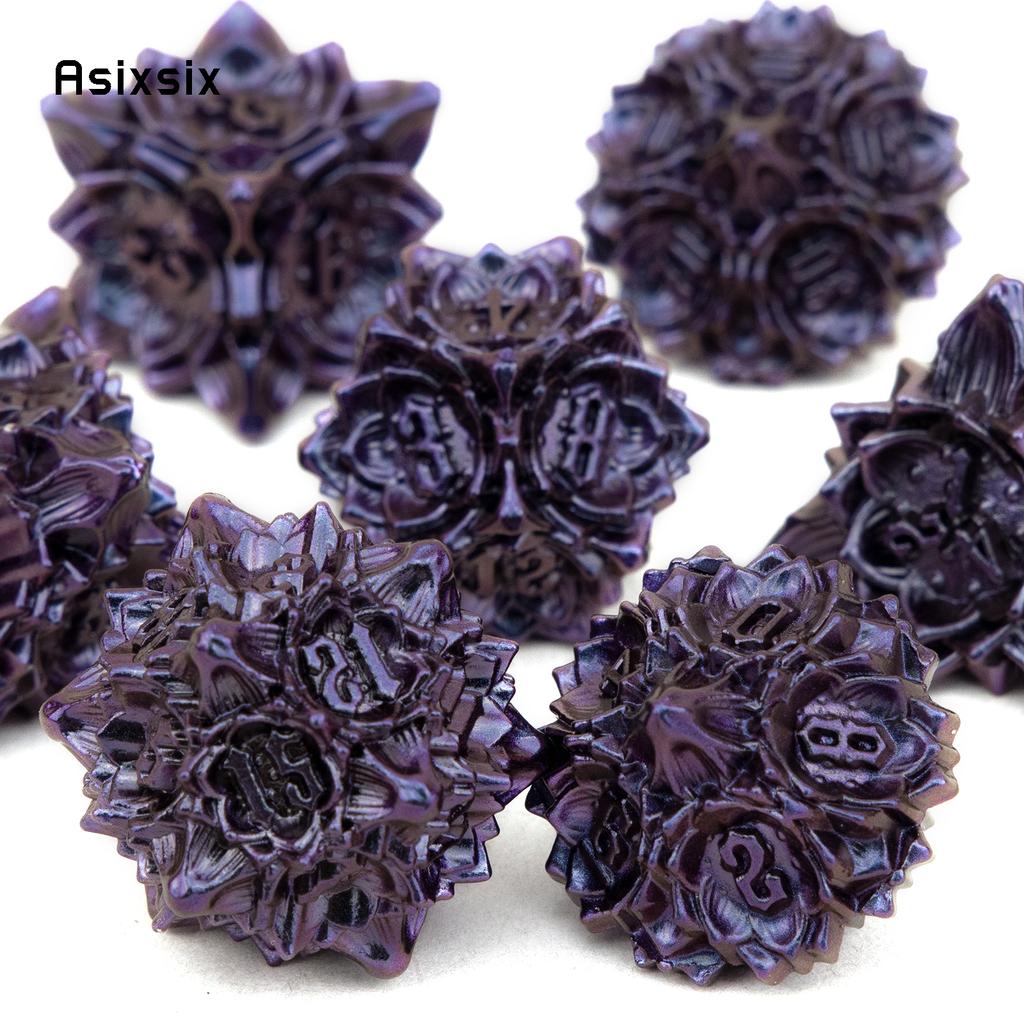 7 Pcs Purple Black Lotus Flower Metal DicePerfect For Rpgs, Board Games, And Card Games.Dice For Games, Dnd Dice Set