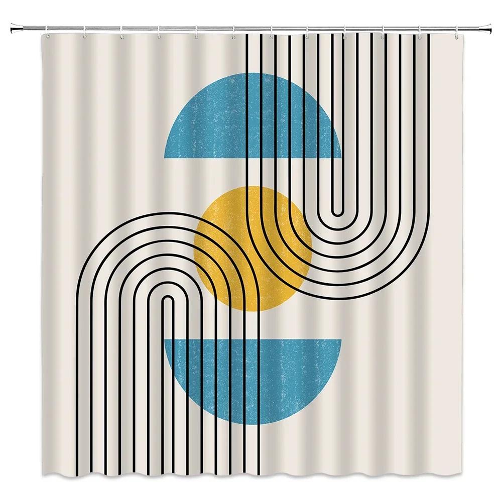 Blue Tone Shower Curtain, Mid Century Modern Lines Round Ribbed Animal Cat Tree Branch Bathroom Decorative Shower Curtains