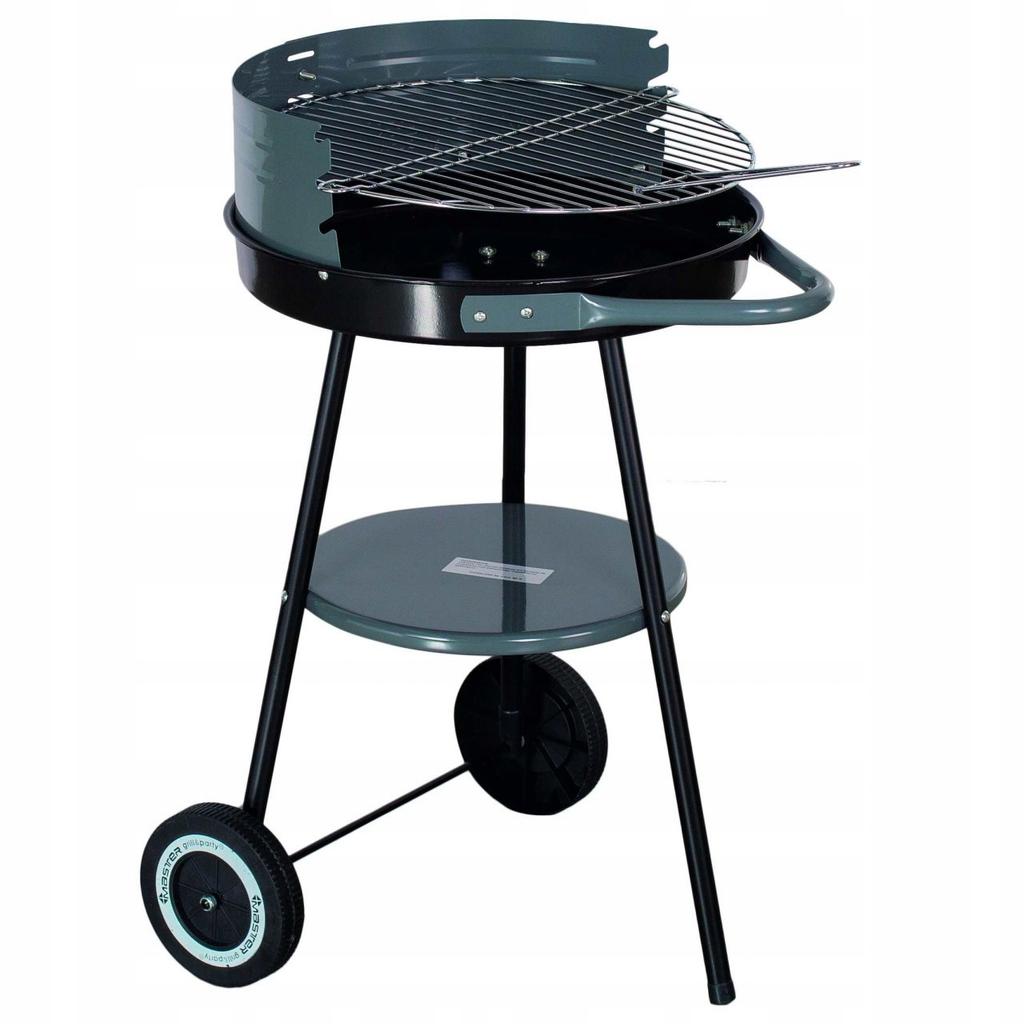 Runder Kohle-Gartengrill mit einem rollbaren Regal