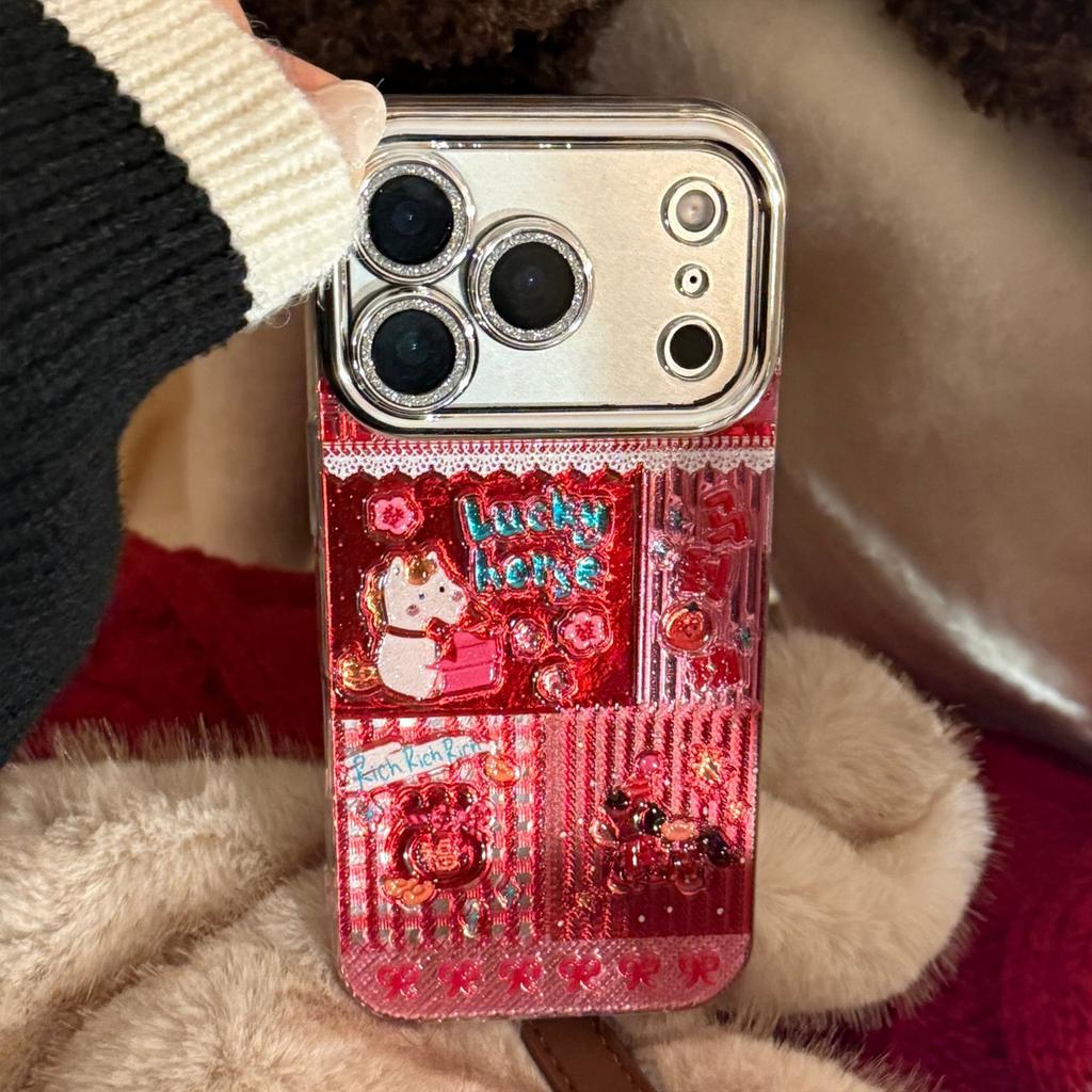 New Year red pony case suitable for Apple 17 Pro Max, iPhone 16 glitter cartoon 13 full cover hard case 15