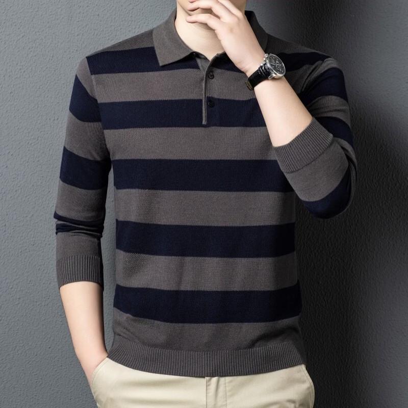 ROMON Men's Wool Blend Striped Lapel Knit Shirt
