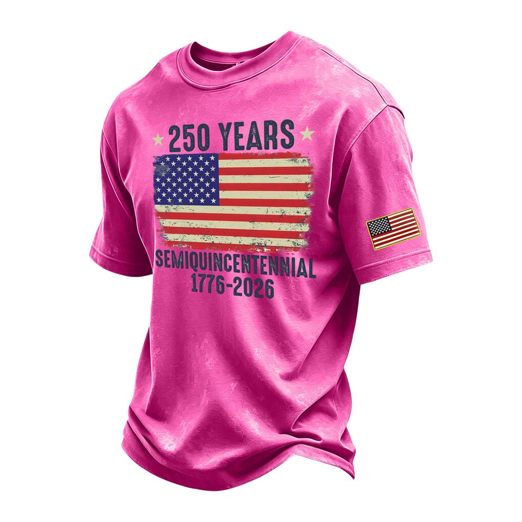 T-shirt da uomo vintage lavata con scollo rotondo a maniche corte, maglietta grafica stampata Semi-Quincentennial 1776-2026, design bandiera USA, vestibilità casual