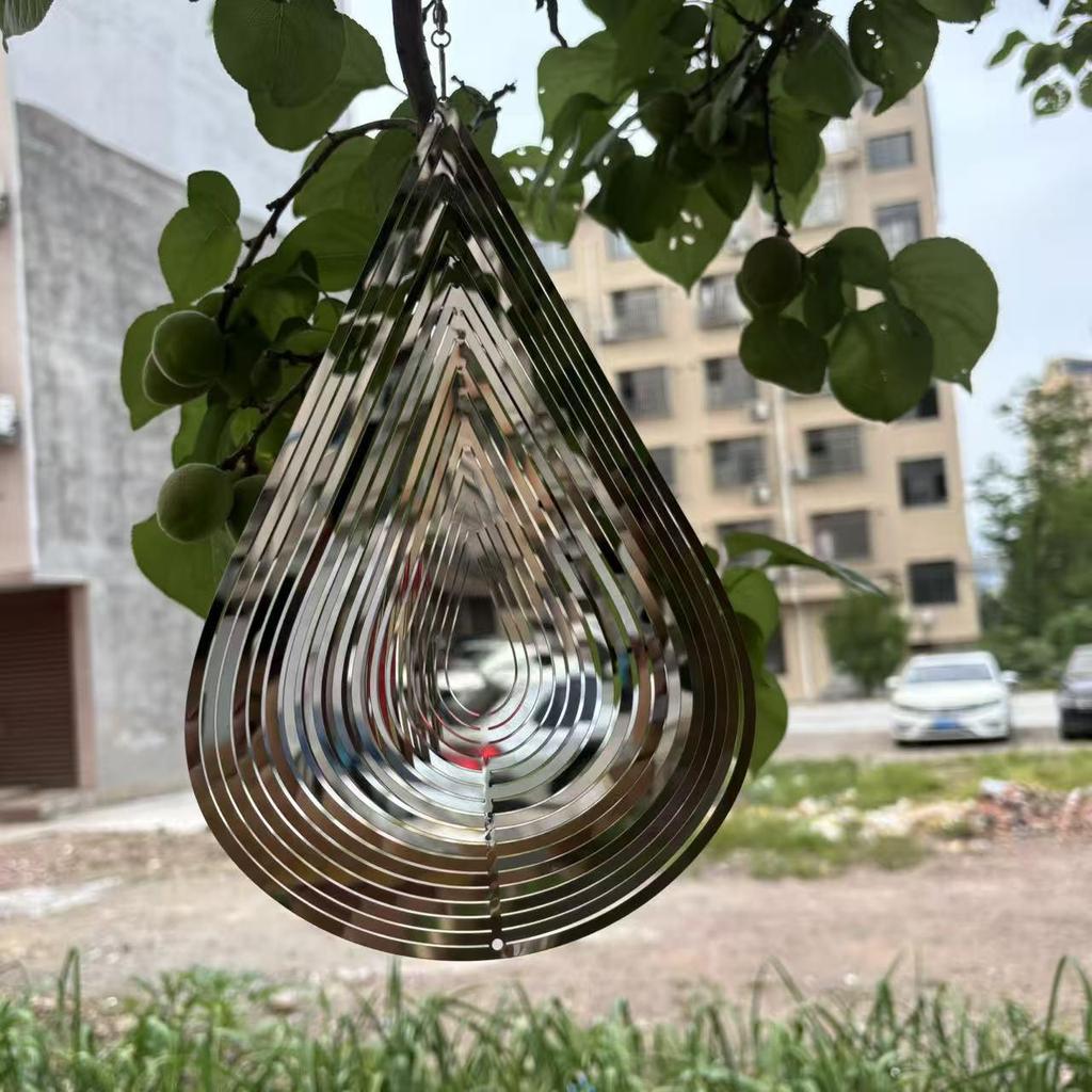 Colorful Silver Stainless Steel Raindrop Wind Spinner - 3D Foldable Ornament for Home and Balcony.