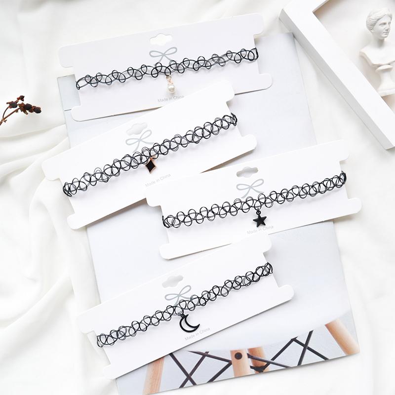 Choker Náhrdelník Černý Klíční kost Tetování Řetízek Hvězda Přívěsek Žena Dívka Coll