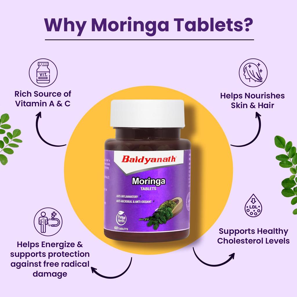 Baidyanath Ayurved Moringa Tablets 60Tab X Pack of 2 for Overall Health Wellness & Digestion Support