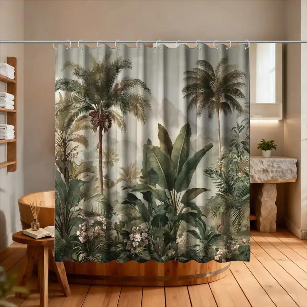 

1 Exotic Tropical Theme Bathroom Curtain | 70.87*70.87Inch Polyester Sateen, Unlined, Includes 12 Hooks, Machine Washable, All-S W60H190(CM)-1 Pcs