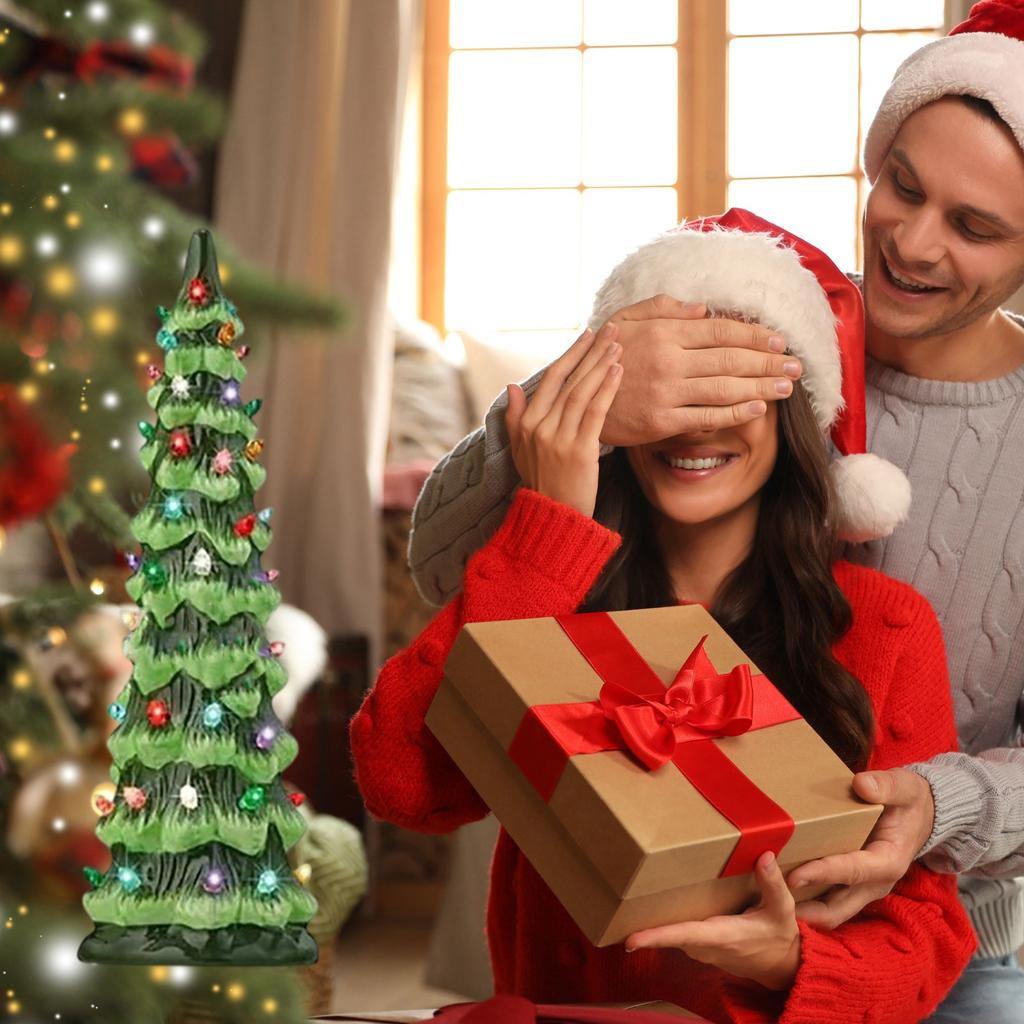 Glowing Christmas Tree Sculpture Resin Holiday Tree Desk Ornament with LED Light For Tabletop Mantels Holiday Decoration