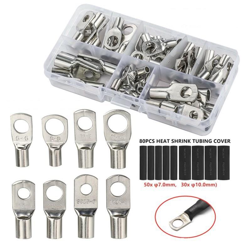 140Pcs/Box Cable Lugs Set 60Pcs Open Barrel Terminals + 80Pcs Heat Shrink Tubing