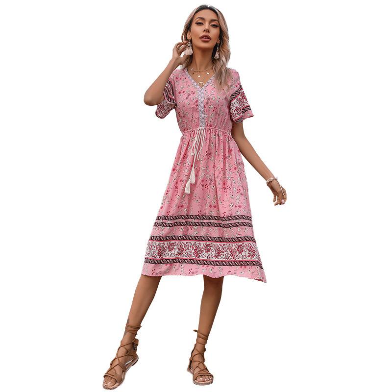 Summer Vintage Idyllic Pink Slim V-Neck Floral Dress