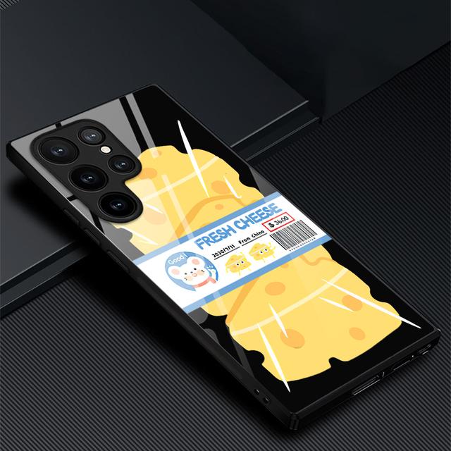 Phone Case For Samsung Galaxy S22 Plus Ultra Cartoon Cheese Glass Cases For Galaxy S20 Fe S21ultra S23plus S21fe Tpu Black Cover