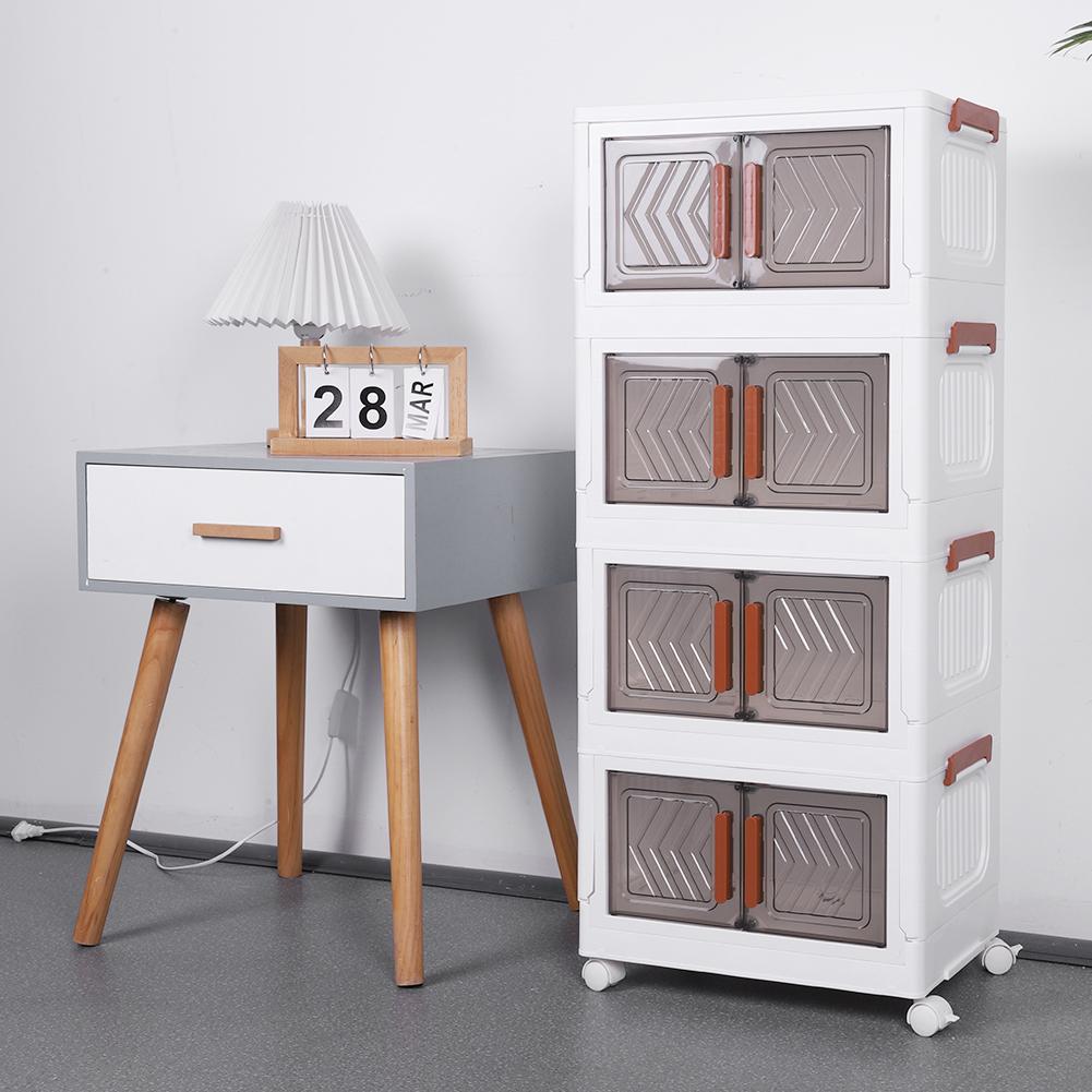 Dulap de depozitare pantofi cu 4 niveluri, Recipiente de depozitare din plastic, Cutie de pantofi din plastic cu uși și roți pentru expunere, Organizator pantofi