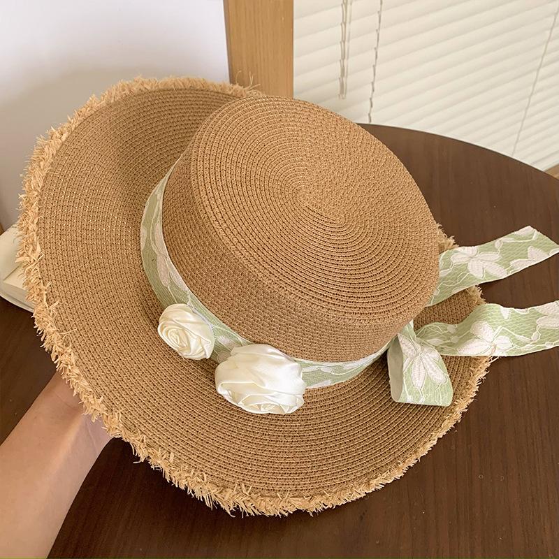 Summer Fresh Forest Lace Flower Sun Hat Women Flat Top Woven Straw Woven Hat Beach Vacation Beach Straw Hat