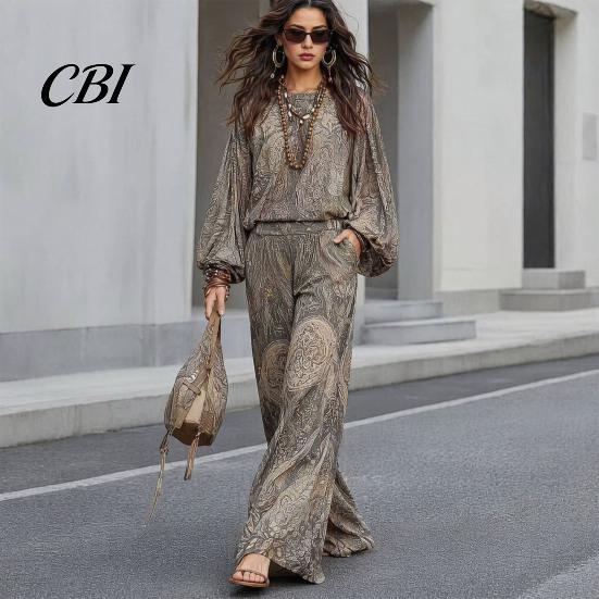 Lightweight Women Clothing Boho Print 2 Piece Sets for Women, Casual Long Sleeve Top Lantern Blouse Wide Leg Pants Matching Sets, Summer Loose Travel