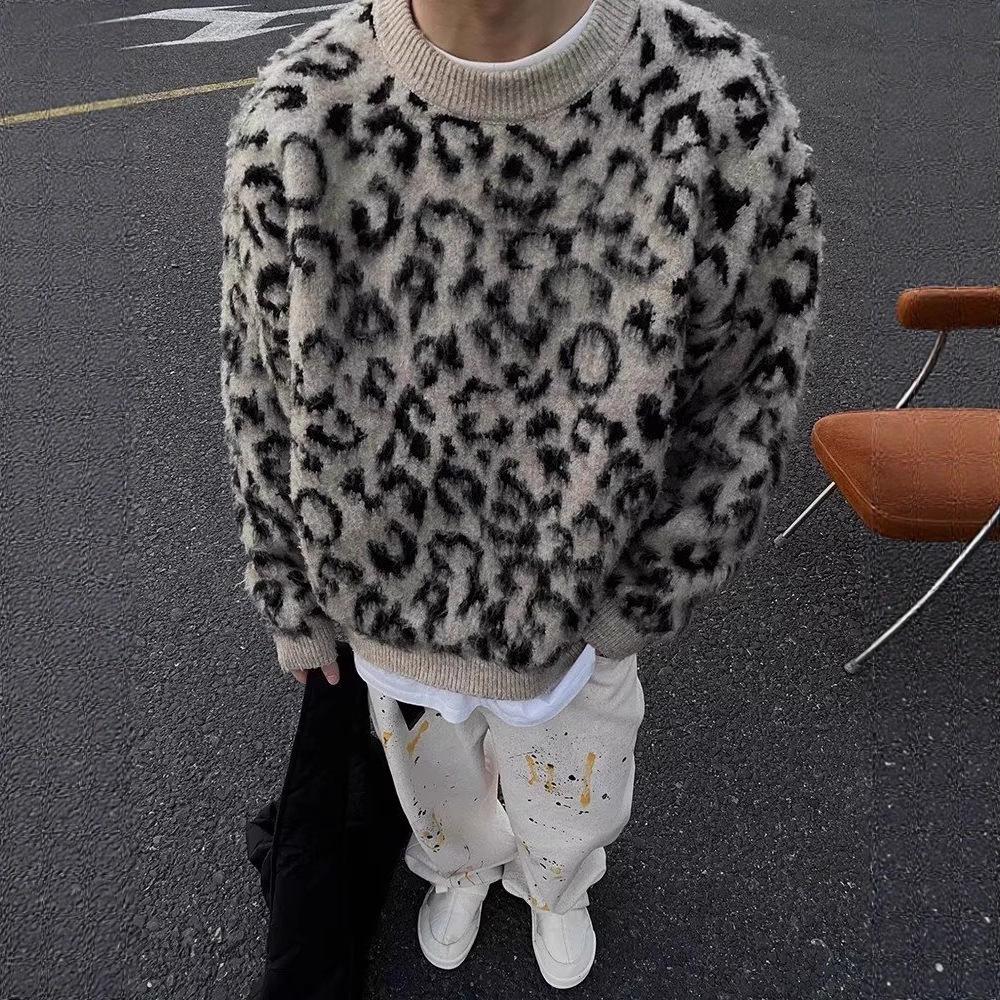 Unisex American Retro Leopard Print Sweater: Hip Hop Street Style Mohair Knitwear L