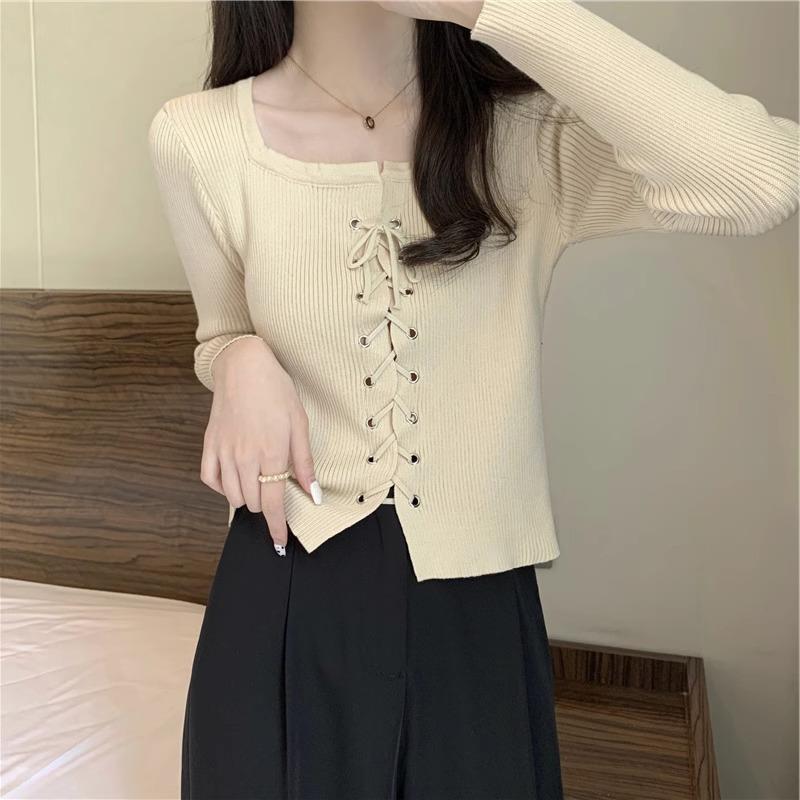 Podzimní a zimní nový čtvercový límec se zavazováním, smysl pro design, výklenek, mašle, tenký top svetru s dlouhým rukávem, dámské oblečení