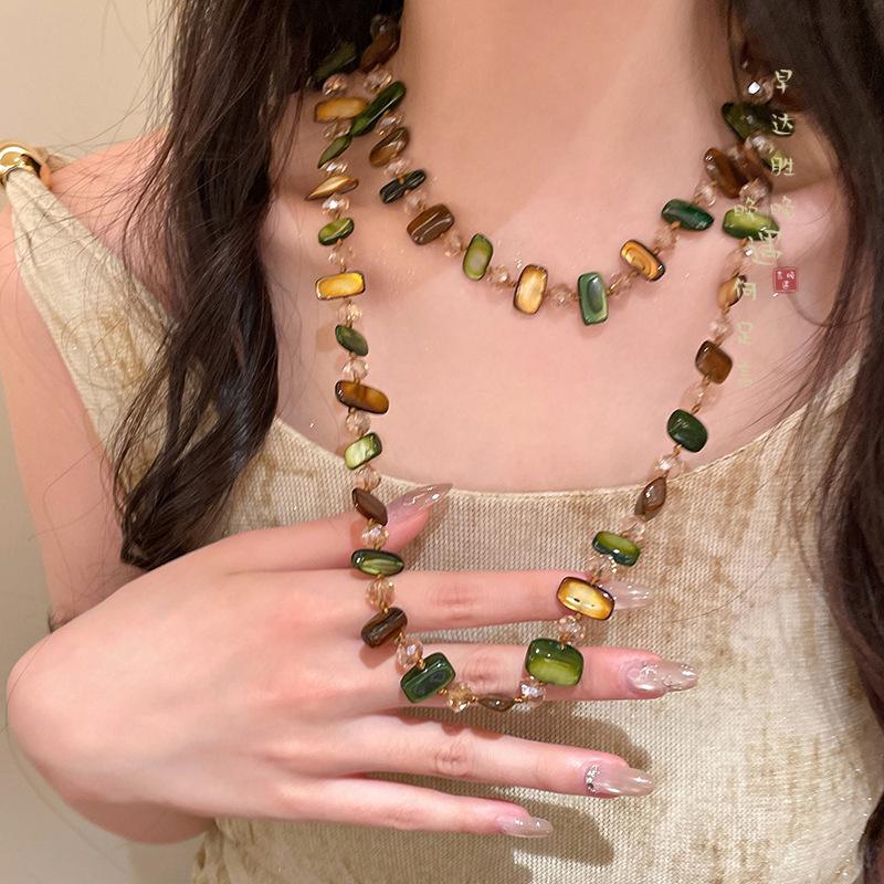 Double Layers Necklace Green Colorful Beaded Necklace Vintage Necklace Mother Of Pearl For Beach Party Casual Wear