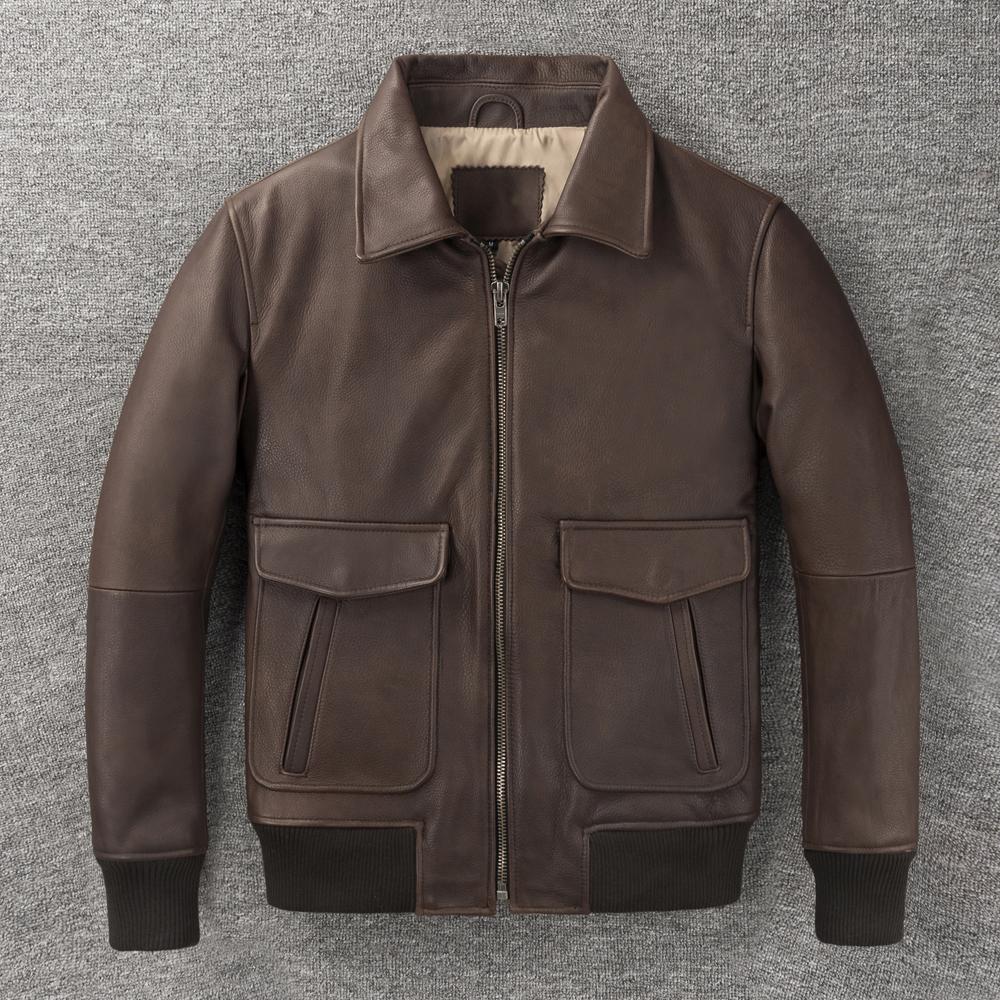Flight Suit A2 Soft Genuine Cow Men Leather Jacket Brown Aviator Bomber Jackets Man Coat Spring Autumn