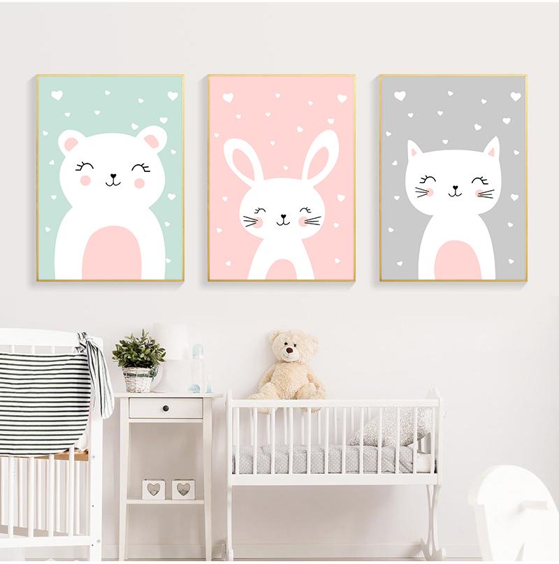 Kawaii Wall Art Canvas Nursery Print Cartoon Cat Rabbit Painting Nordic Kids Decoration Picture Baby Living Room Decor No Frame
