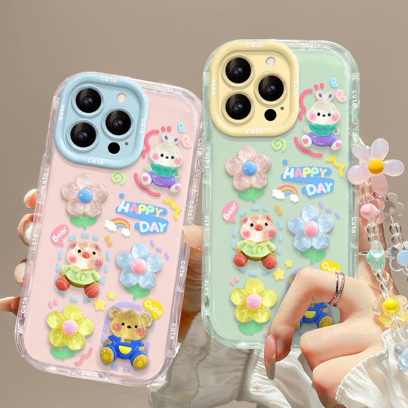 Rabbit flower doll bracelet for Apple 16e jelly mobile phone case 15promax cute cartoon 13 sweet 14