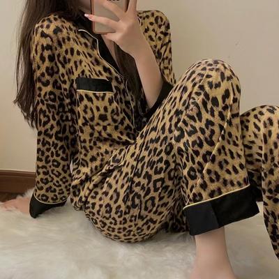 Kadın İlkbahar Sonbahar Pijama İki Parça Set Kadın Bol Moda Leopar Desenli Uzun Kollu Bayan Ev Giyimi