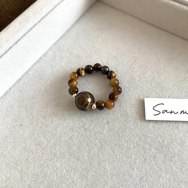 Tiger s eye stone round beaded necklace ring retro temperament light luxury high-end jewelry set daily versatile jewelry
