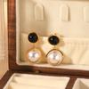 French Light Luxury Vintage Round Stud Earrings, Designer Obsidian Semi-circle Pearl Drop Earrings