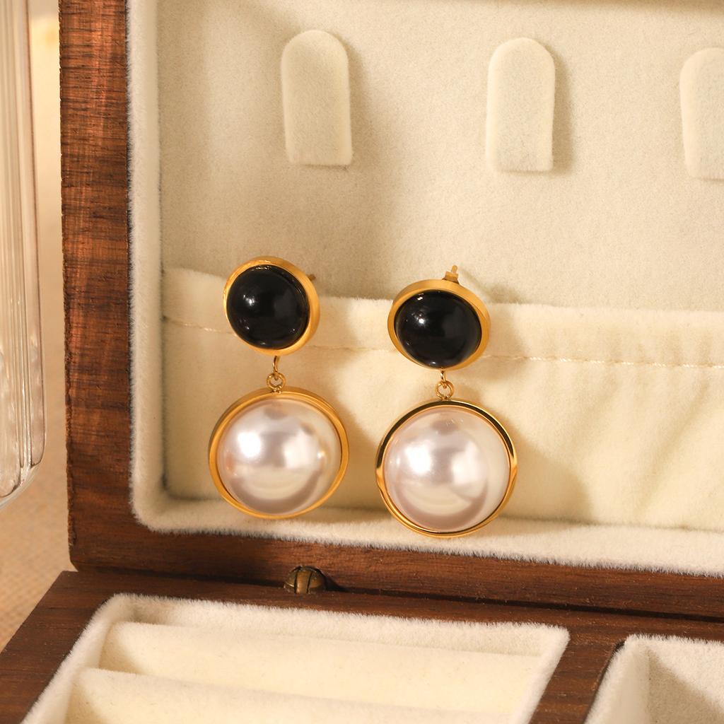 French Light Luxury Vintage Round Stud Earrings, Designer Obsidian Semi-circle Pearl Drop Earrings