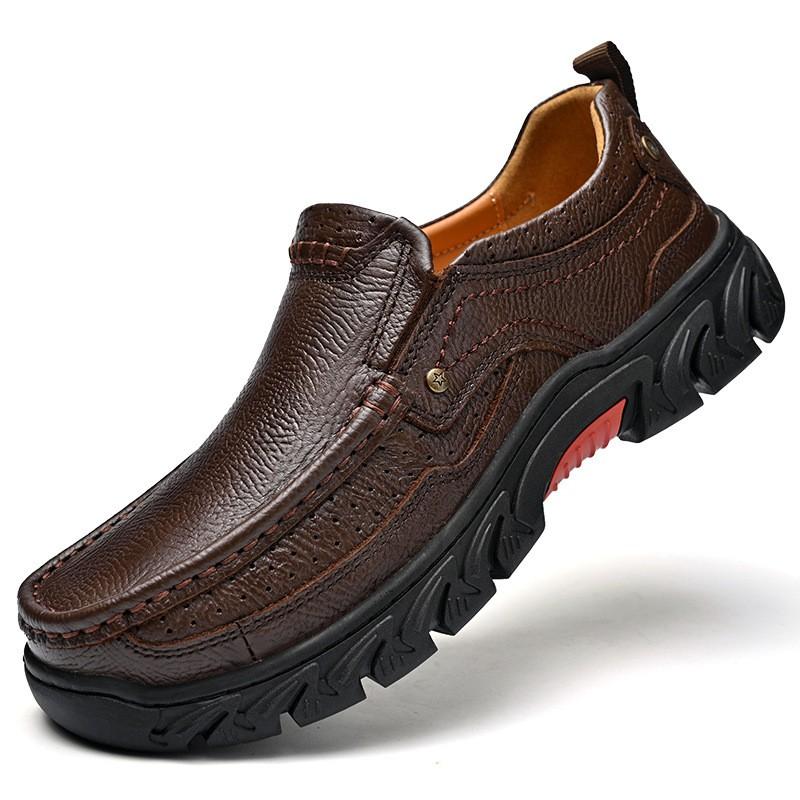 Mens Wide Fit Thick Sole Outdoor Casual Leather Shoes Non-Slip Wear-Resistant Hiking Toe Design