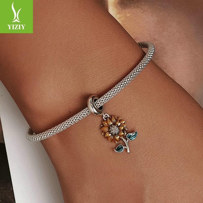 Sunflower S925 Silver Bracelet Pendant, Shining Sunflower DIY Beaded Accessories SCC2079